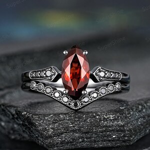 Marquise Cut Garnet Engagement Ring Set Gothic Black Gold Milgrain Wedding Band Minimalist Red Garnet Anniversary Promise Rings For Women