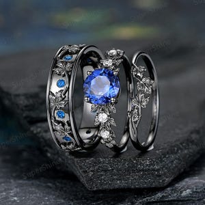 Custom Blue Sapphire Couple Ring Set Nature Inspire Maple Wedding Rings For Women And Men Gothic Black Gold Mens Wedding Band Gift For Him