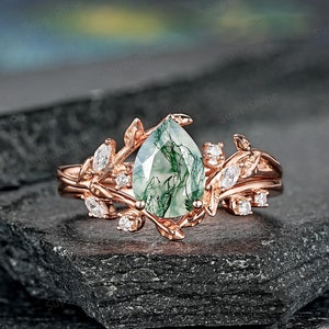Nature Moss Agate Engagement Ring Set 14k Gold Agate Leaf Nature Inspired Wedding Rings For Women Custom Moissanite Wedding Band Ring Gifts