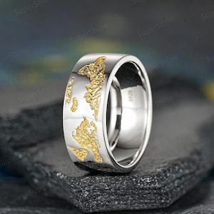 Witgouden 8 mm wereldkaart paar ring unieke twee tinten geelgouden herenring trouwring reizen liefhebbers verjaardag belofte ring cadeau voor hem