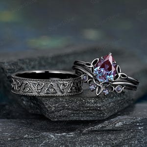 Black Gold Celtic Knot Couple Ring Set Gothic Anniversary Rings For Women And Men Norse Viking Mens Wedding Band His And Hers Wedding Rings