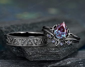 Black Gold Celtic Knot Couple Ring Set Gothic Anniversary Rings For Women And Men Norse Viking Mens Wedding Band His And Hers Wedding Rings