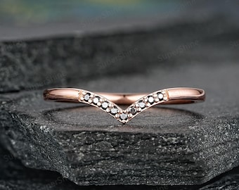 V Shaped Black Diamond Curved Wedding Band, 14k Rose Gold Black Onyx Paved Wedding Rings For Women, Custom Chevron Stacking Promise Ring
