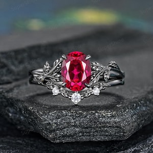 6x8mm Oval Ruby Engagement Rings Black Gold Red Ruby Wedding Ring Set Gothic Black Gold Leaf Nature Inspired Anniversary Rings For Women