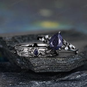 2pcs Blue Sandstone Couple Ring Set Leaf Anniversary Rings For Women And Men Gothic Black Gold His And Hers Wedding Rings Mens Promise Rings