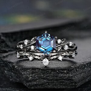 Hexagon Alexandrite Engagement Ring Set Leaf Branch Nature Inspired Anniversary Ring Gifts Gothic Black Gold Wedding Promise Rings For Women