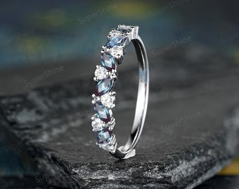 Antique White Gold Marquise Alexandrite Wedding Band Moissanite Cluster Ring For Women Half Eternity Matching Band Personalized Gift For Her