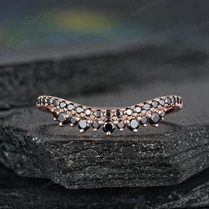 Vintage Black Diamond Crown Wedding Band, 14k Gold Black Onyx Cluster Stacking Wedding Ring, Custom anniversary Promise Rings Gift For Women