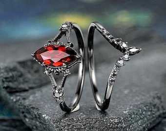 Marquise Red Garnet Engagement Ring Set Gothic Black Gold Black Moissanite Wedding Rings For Women Vintage Split Shank Milgrain Promise Ring