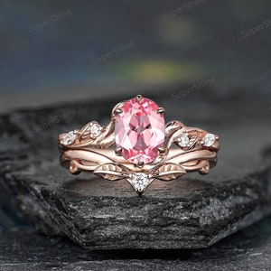 Oval Pink Sapphire Engagement Ring Set Rose Gold Leaf Moissanite Promise Rings For Women Vintage Pink Sapphire Anniversary Ring Bridal Set