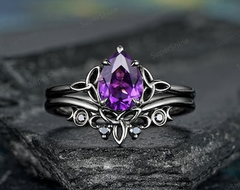 Black Gold Pear Amethyst Engagement Ring Set Celtic Knot Wedding Ring Black Gold Moissanite Stacking Ring Custom Anniversary Promise Rings