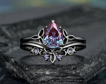 Pear Alexandrite Celtic Knot Engagement Ring Set Gothic Black Gold Solitaire Norse Viking Wedding Ring Alexandrite Birthstone Wedding Band