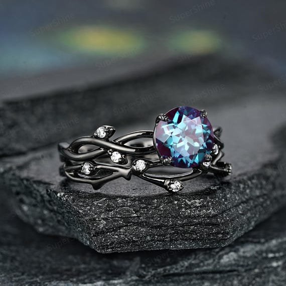 Round Alexandrite Engagement Ring Set Gothic Black Gold Women