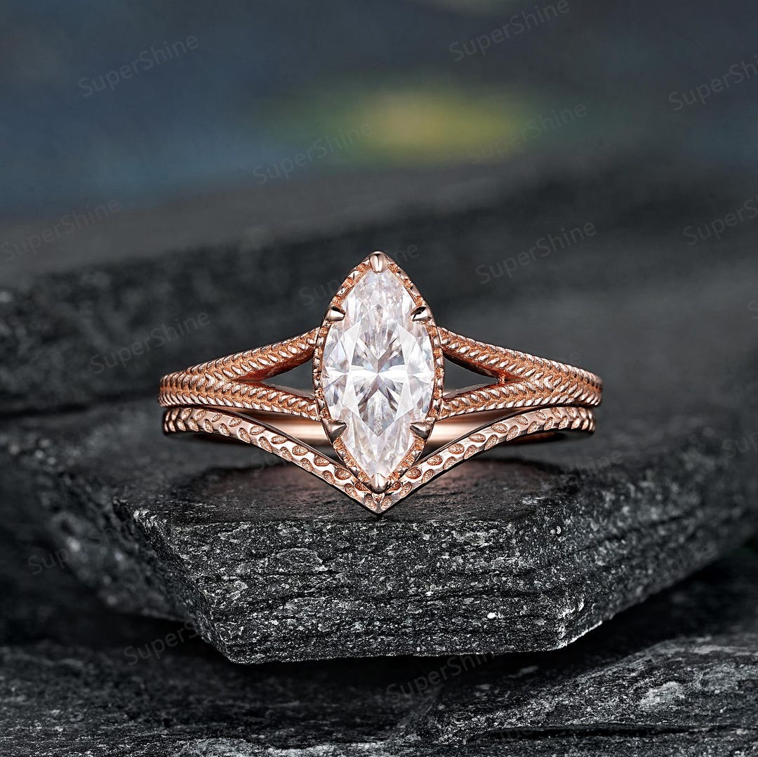 Marquise Cut Moissanite Engagement Ring Set Custom Split Shank