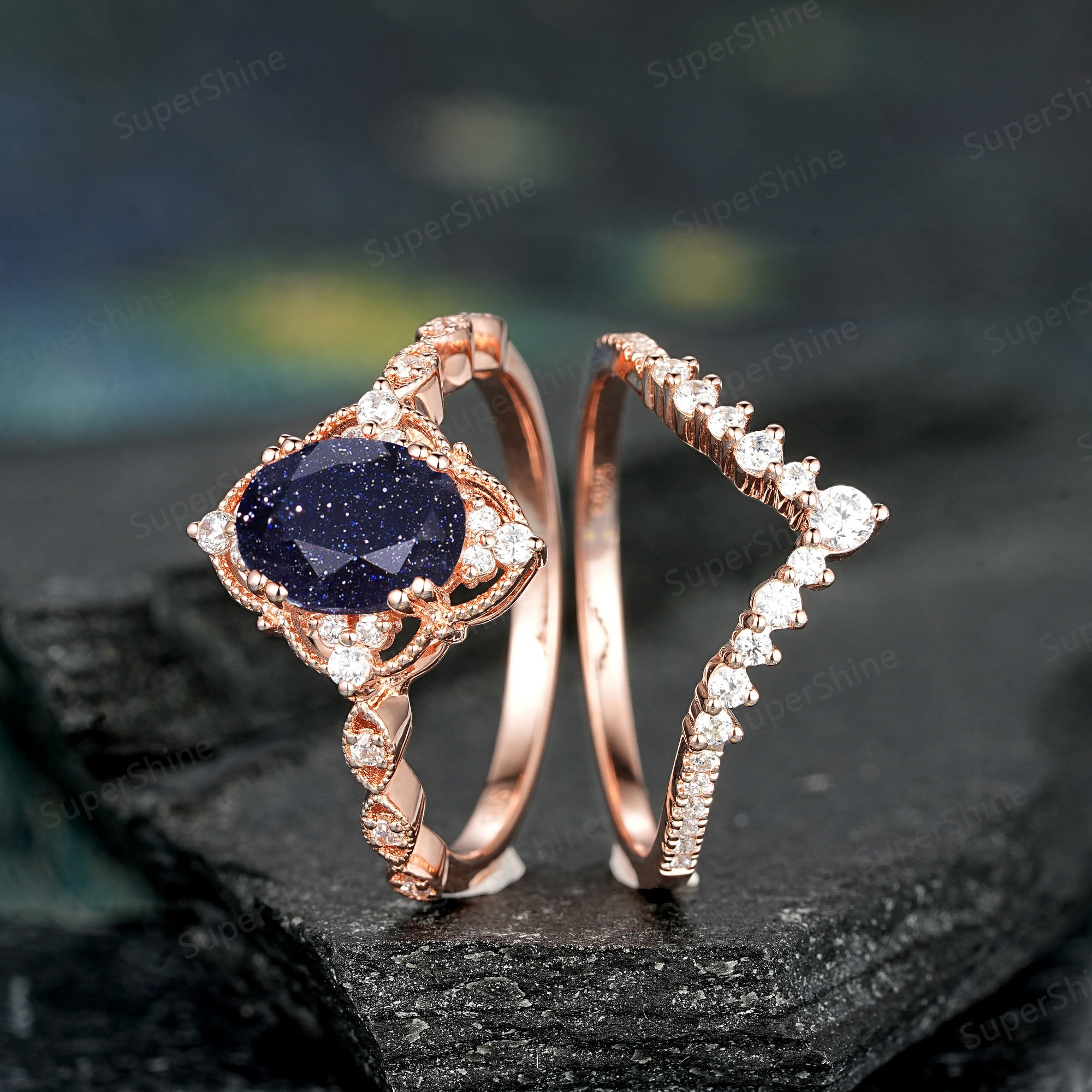 Oval Blue Galaxy Sandstone Engagement Ring Set, Milgrain Wedding 