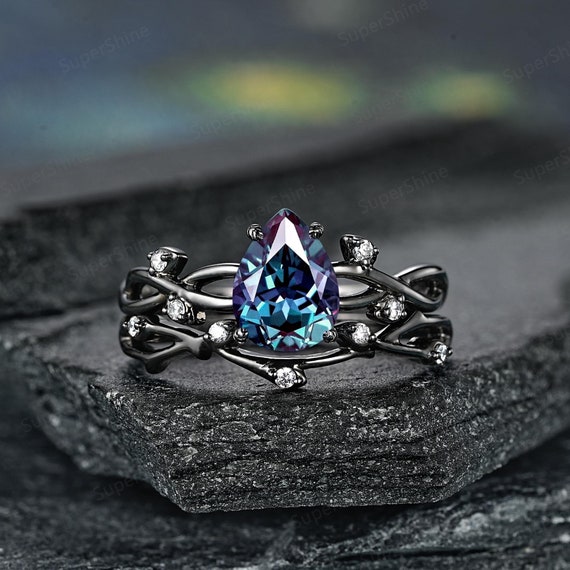Gothic Pear Shape Alexandrite Engagement Ring Set Black Gold Twig