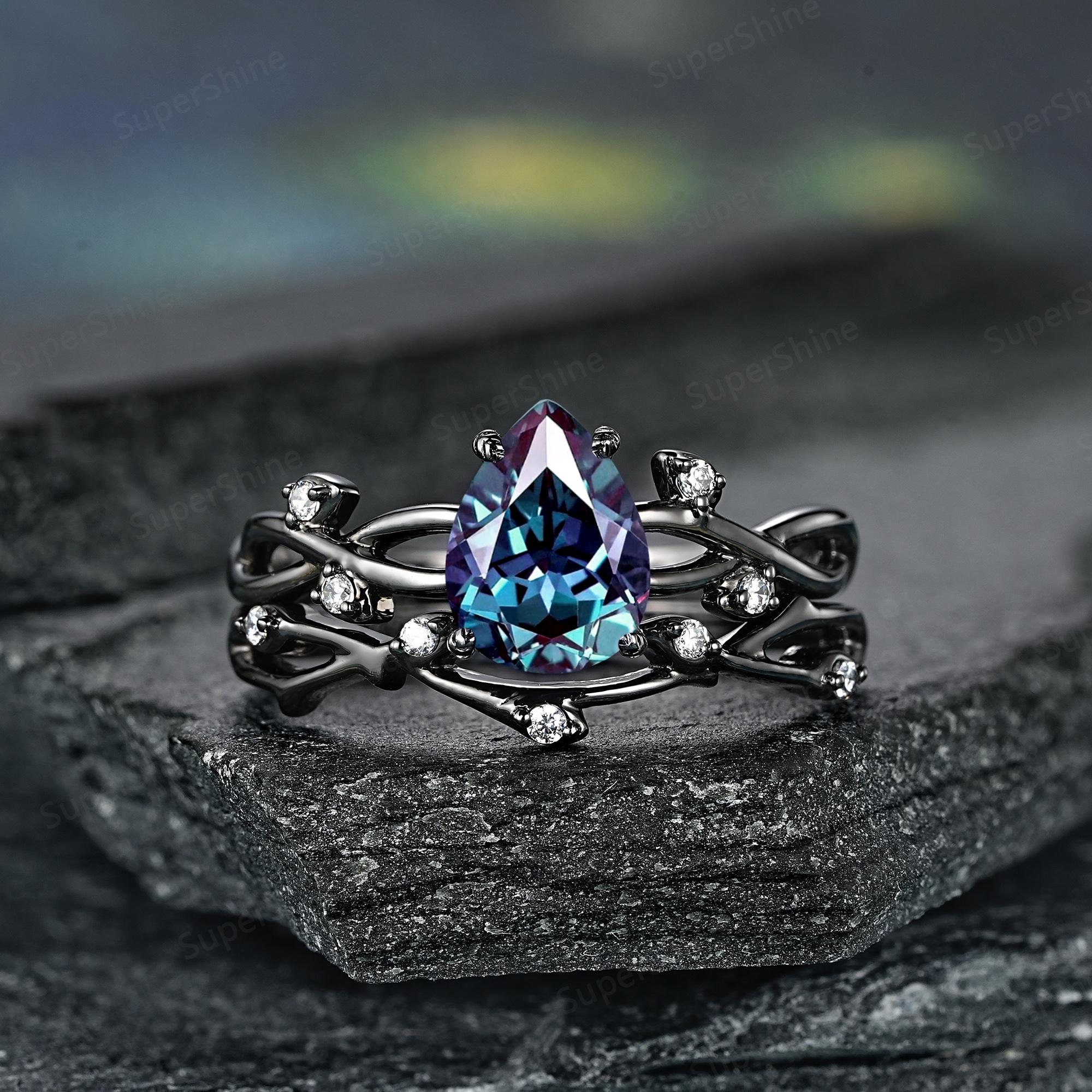 Gothic Pear Shape Alexandrite Engagement Ring Set Black Gold Twig