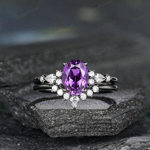 Oval Purple Sapphire Engagement Ring Set Black Gold Moissanite