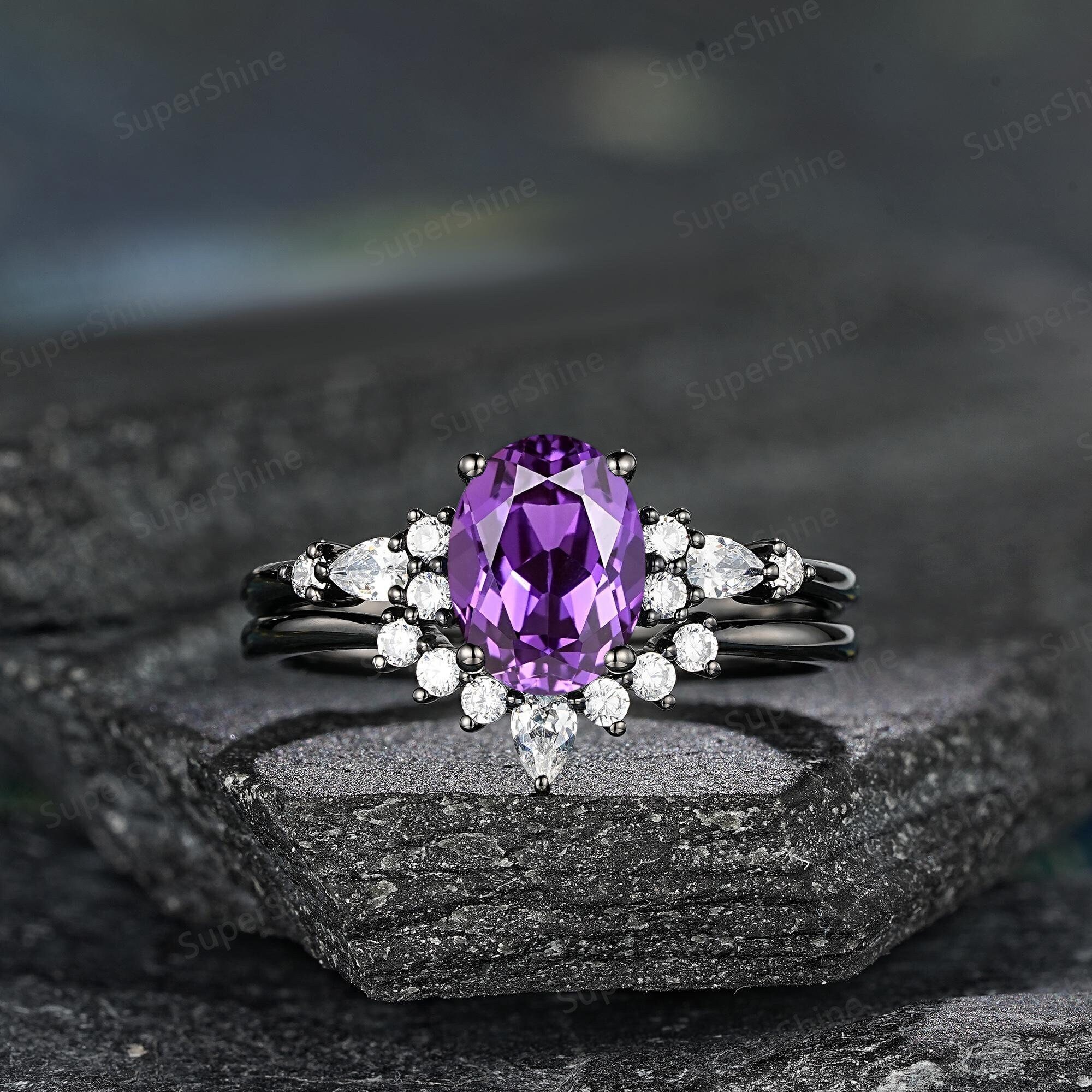 Oval Purple Sapphire Engagement Ring Set Black Gold Moissanite