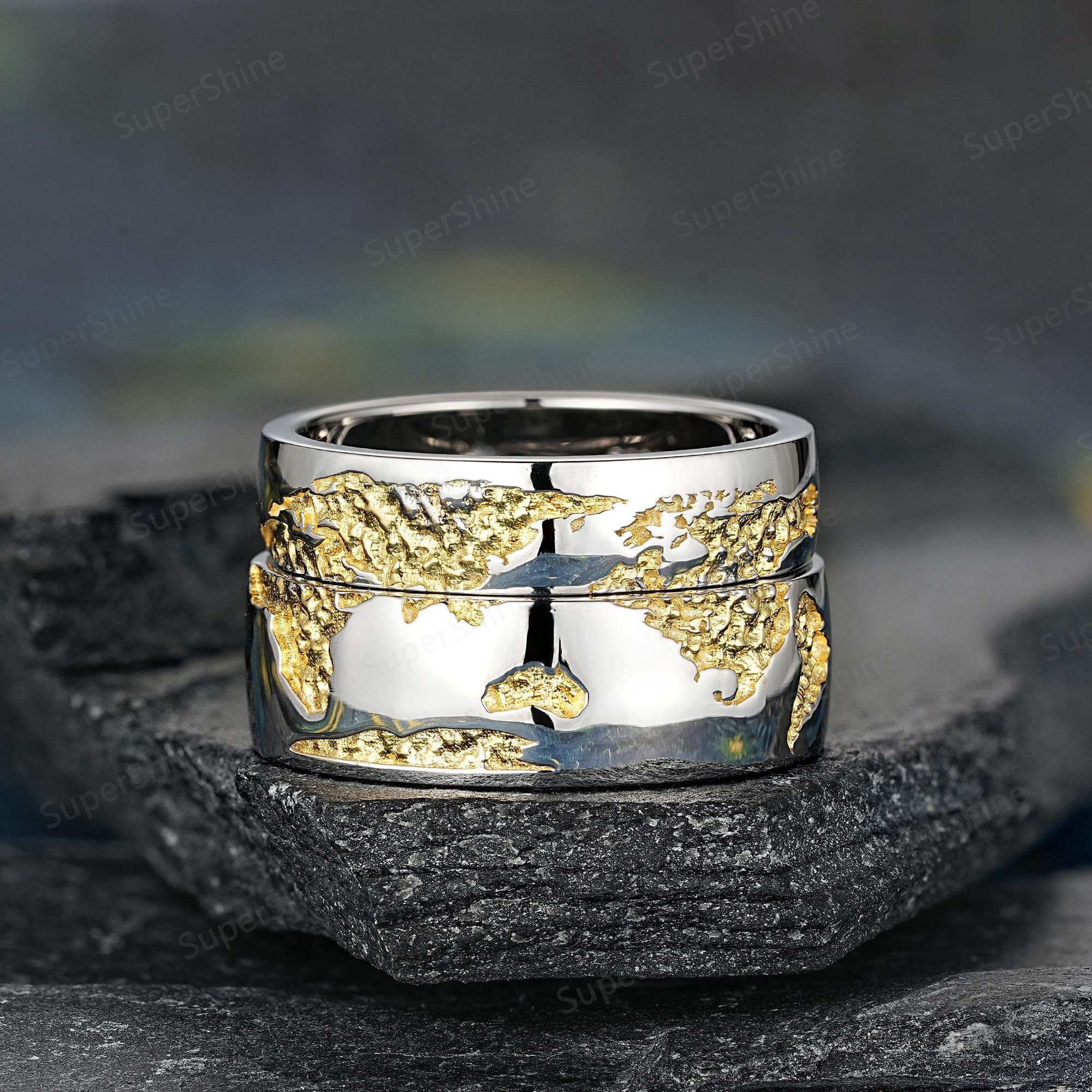 White Gold World Map Rings Set Personalized Traveler Couple Rings
