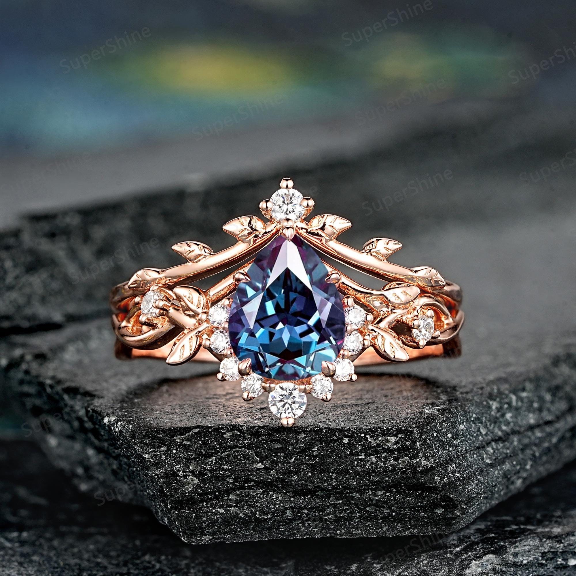 Alexandrite Engagement Ring Set Vintage Moissanite Halo Wedding