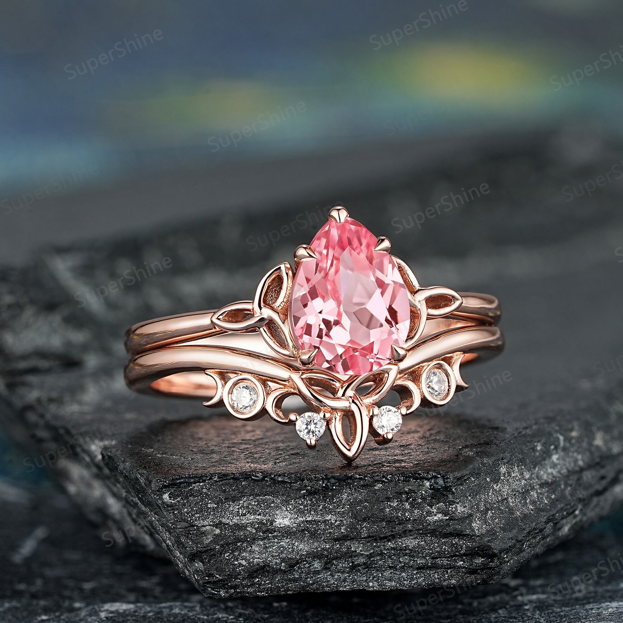Pear Pink Sapphire Engagement Ring Set Solitaire Celtic Knot