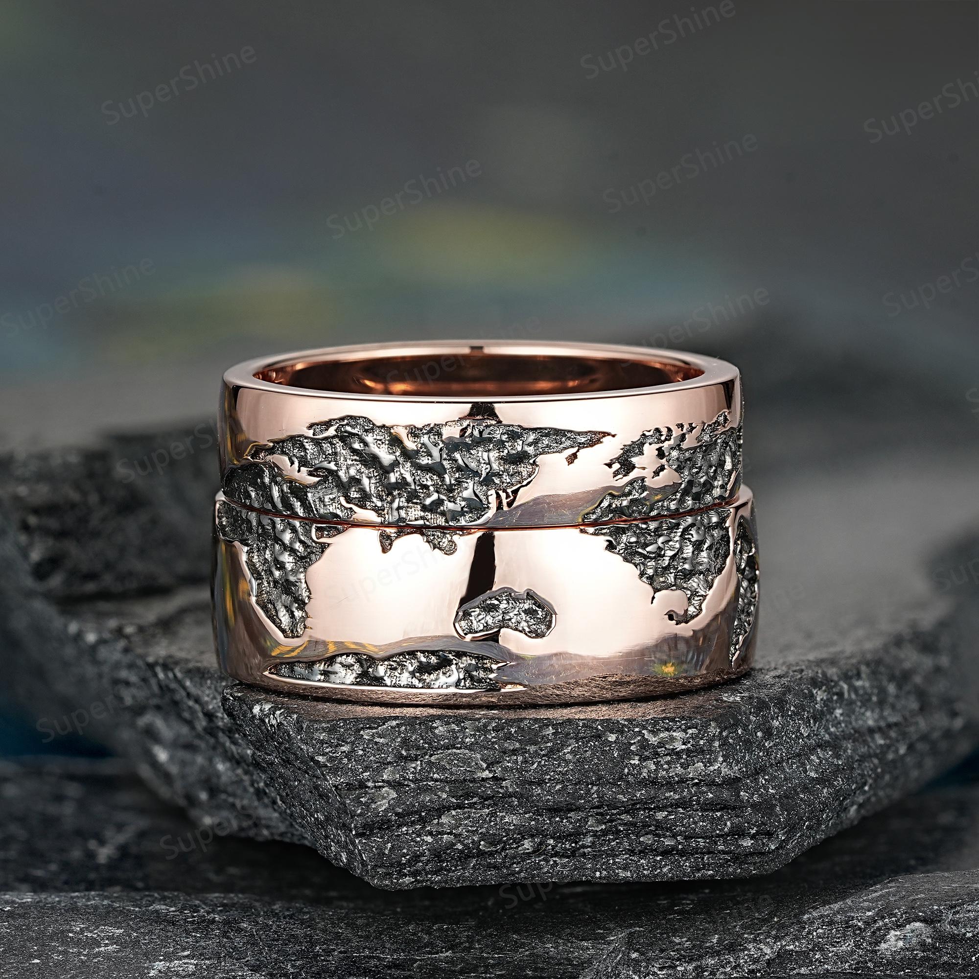 Travel Rings Set 14k Rose Gold World Map Couple Rings Set Unique Two Tones Match ...