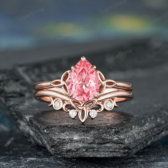 Pear Pink Sapphire Engagement Ring Set Solitaire Celtic Knot