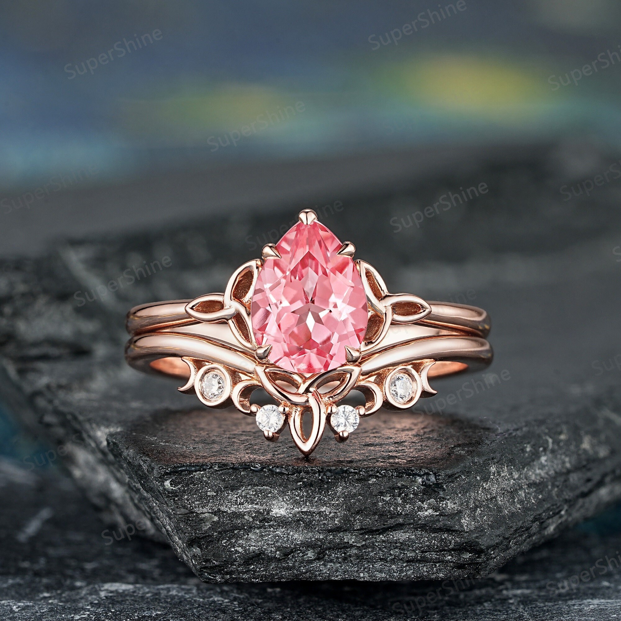 Pear Pink Sapphire Engagement Ring Set Solitaire Celtic Knot