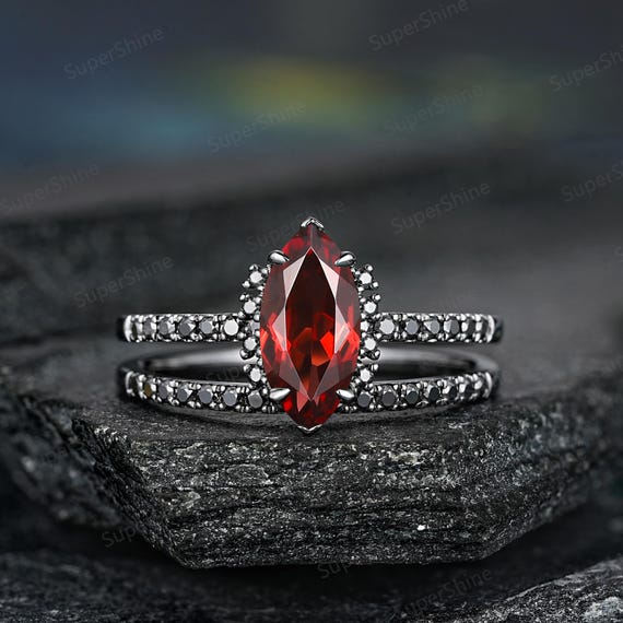 Ring Black And Red Gemstones Marquise Cut Garnet Engagement Ring
