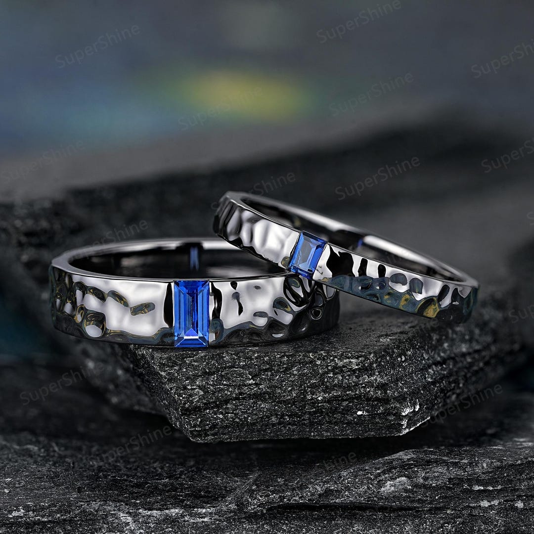 Unique Hammered Blue Sapphire Couple Ring Set Gothic Black Gold