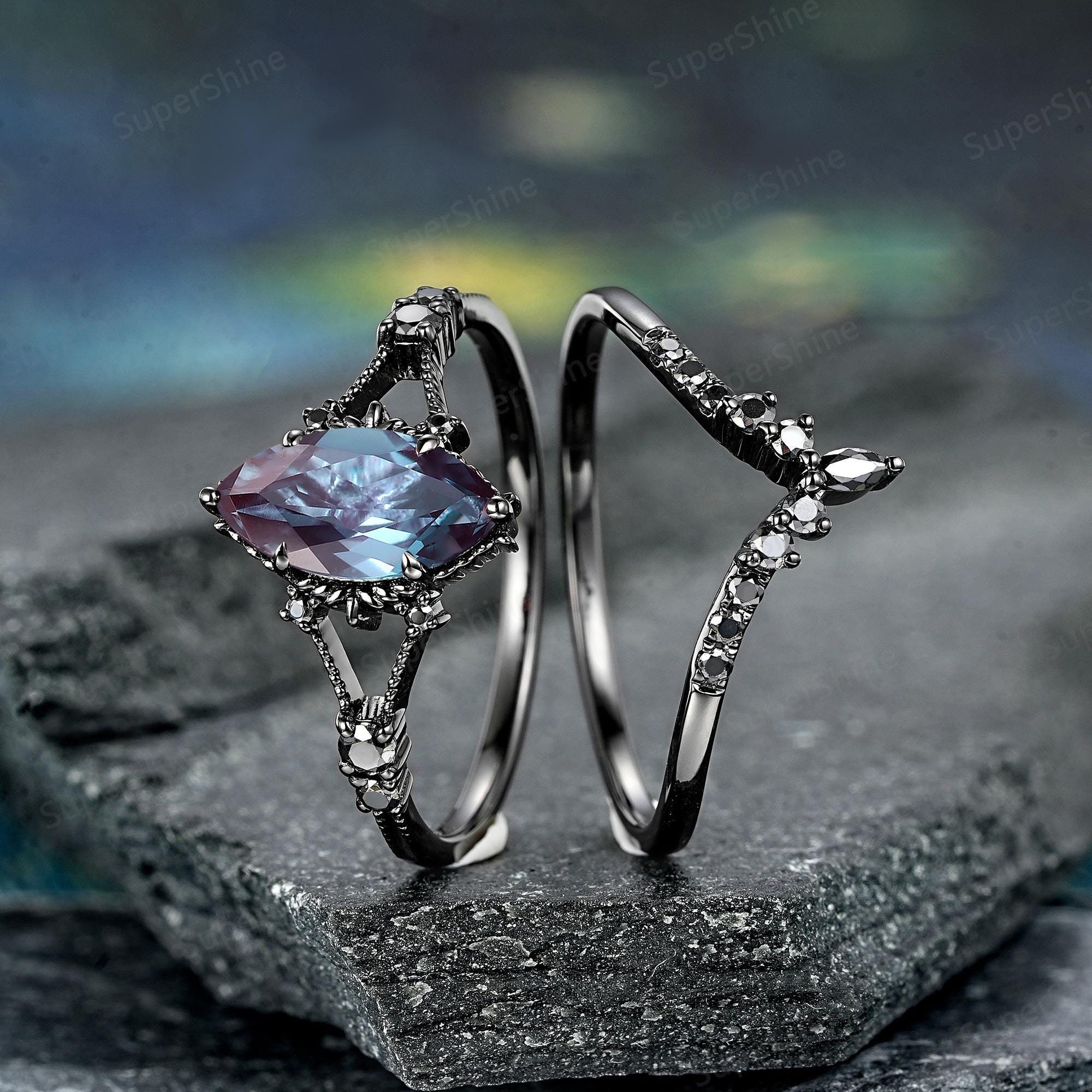 Marquise Cut Alexandrite Engagement Ring Set Gothic Black Gold