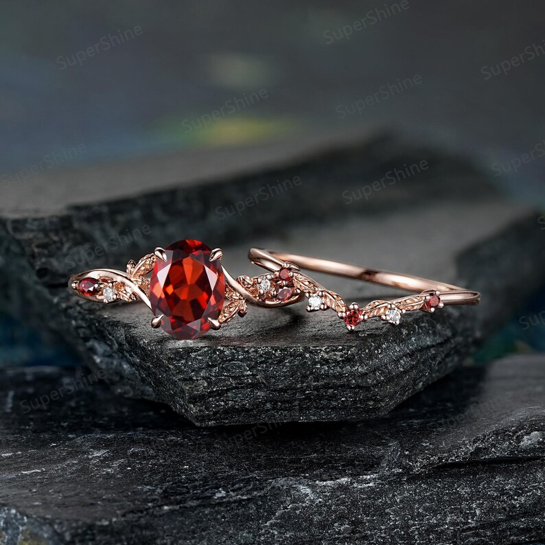 Oval Shaped Garnet Engagement Ring Set 14k Rose Gold Leaf Floral ...