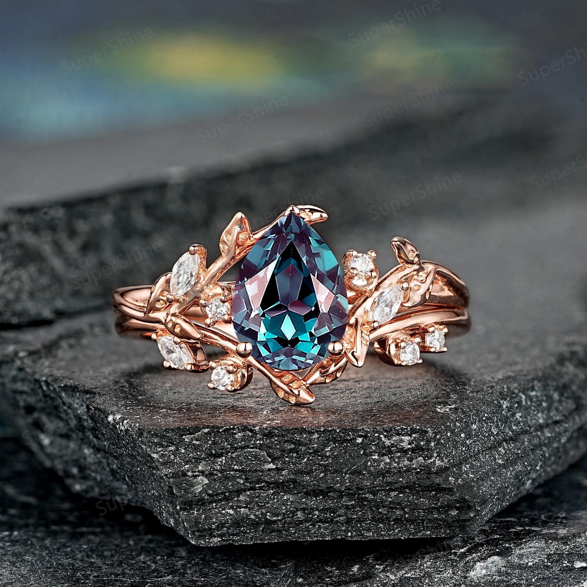 Pear Shape Alexandrite Engagement Ring Set Nature Inspired Leaf