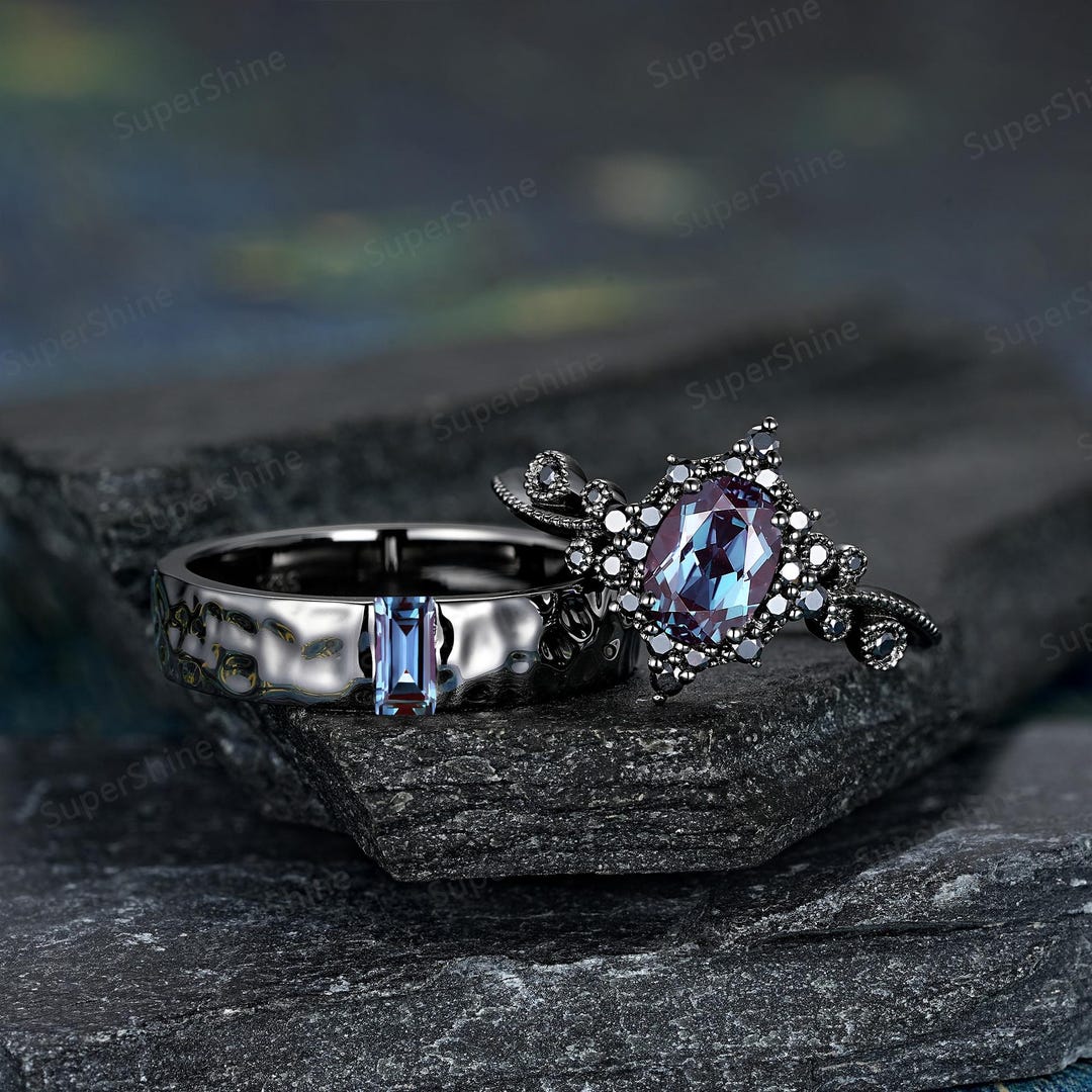 Alexandrite Couple Ring Set Black Gold Gothic Anniversary Ring for