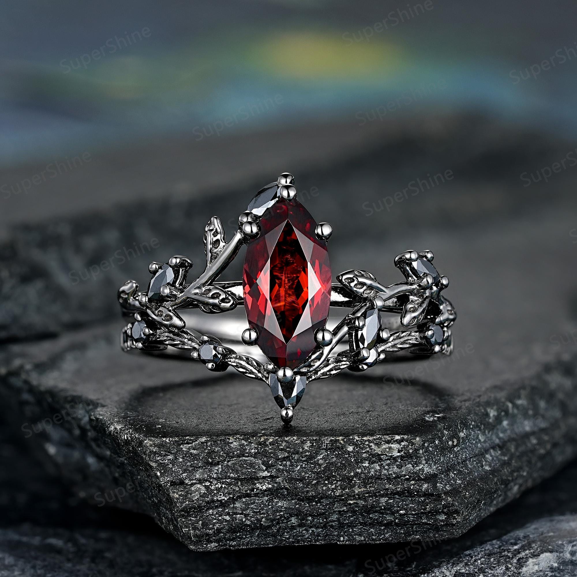 Marquise Cut Garnet Engagement Ring Set Black Gold Red Anniversary