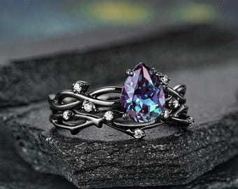 Gothic Pear Shape Alexandrite Engagement Ring Set Black Gold Twig