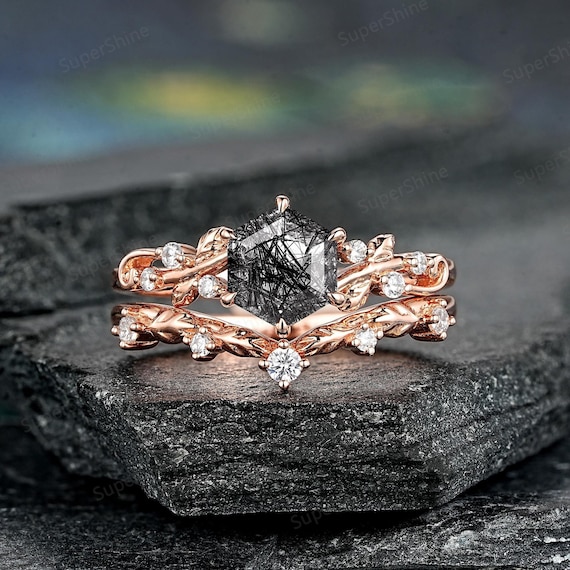 アスティエ　クリスマスオーナメント　ENGAGEMENT RING BLACK Hexagon Cut Black Rutilated Quartz Engagement Ring Set 14k Gold