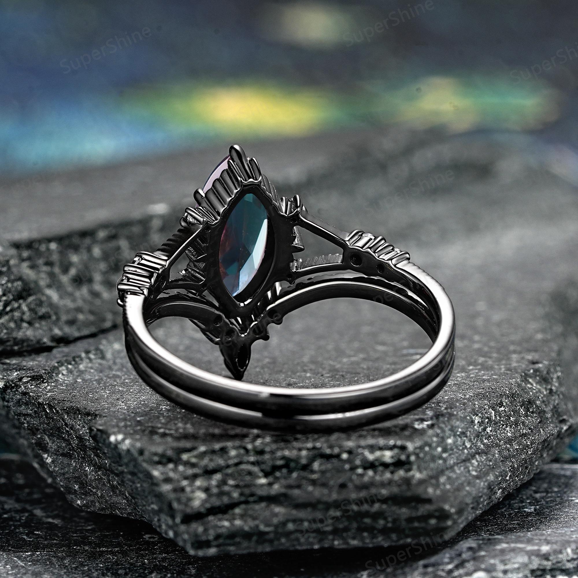 Marquise Cut Alexandrite Engagement Ring Set Gothic Black Gold