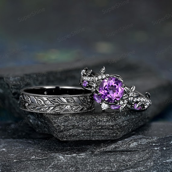 Gothic Black Gold Couple Ring Set Amethyst Leaf Floral Anniversary
