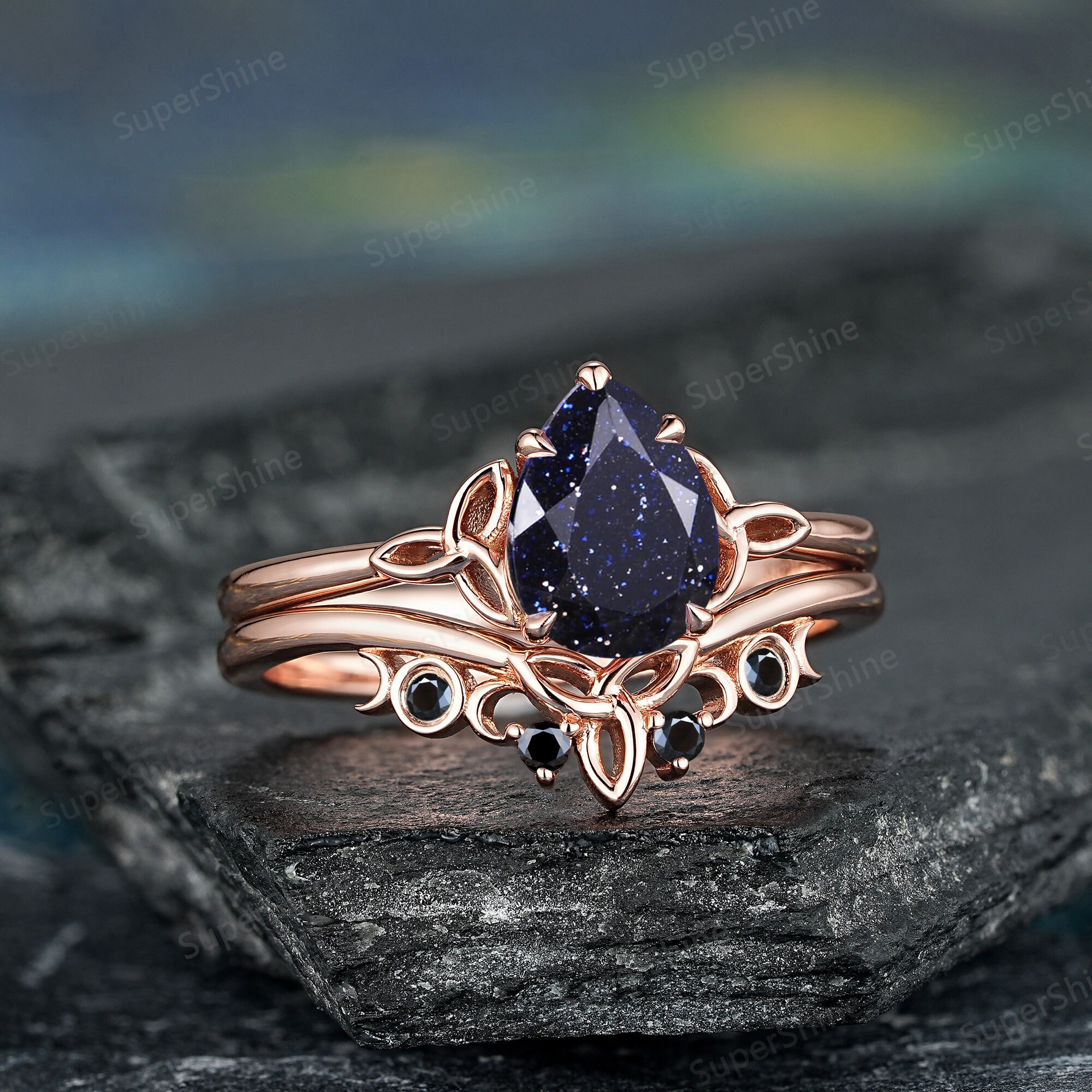 Pear Galaxy Blue Sandstone Engagement Ring Set 14k Gold Black
