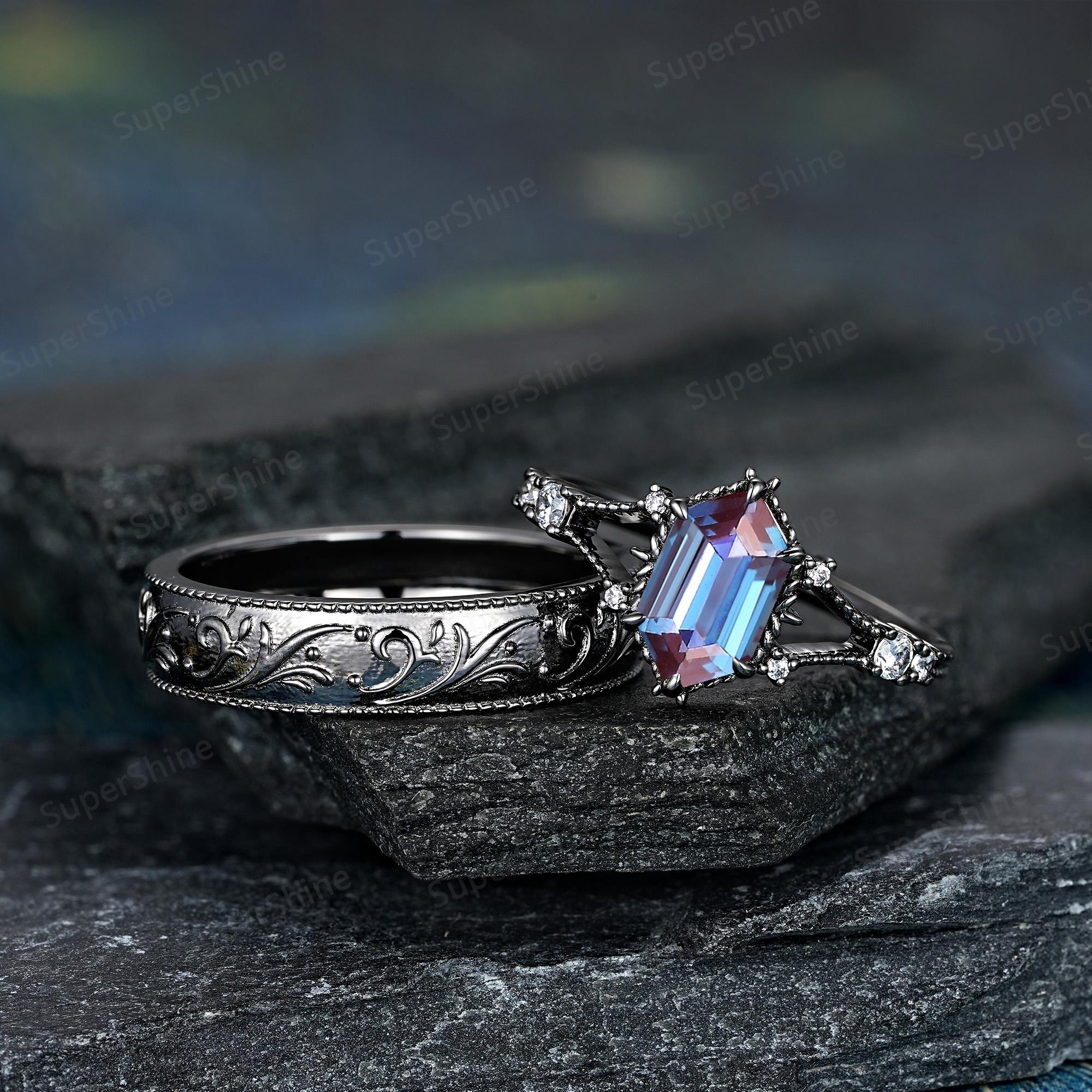Hexagon Alexandrite Couple Ring Set Black Gold Anniversary Rings