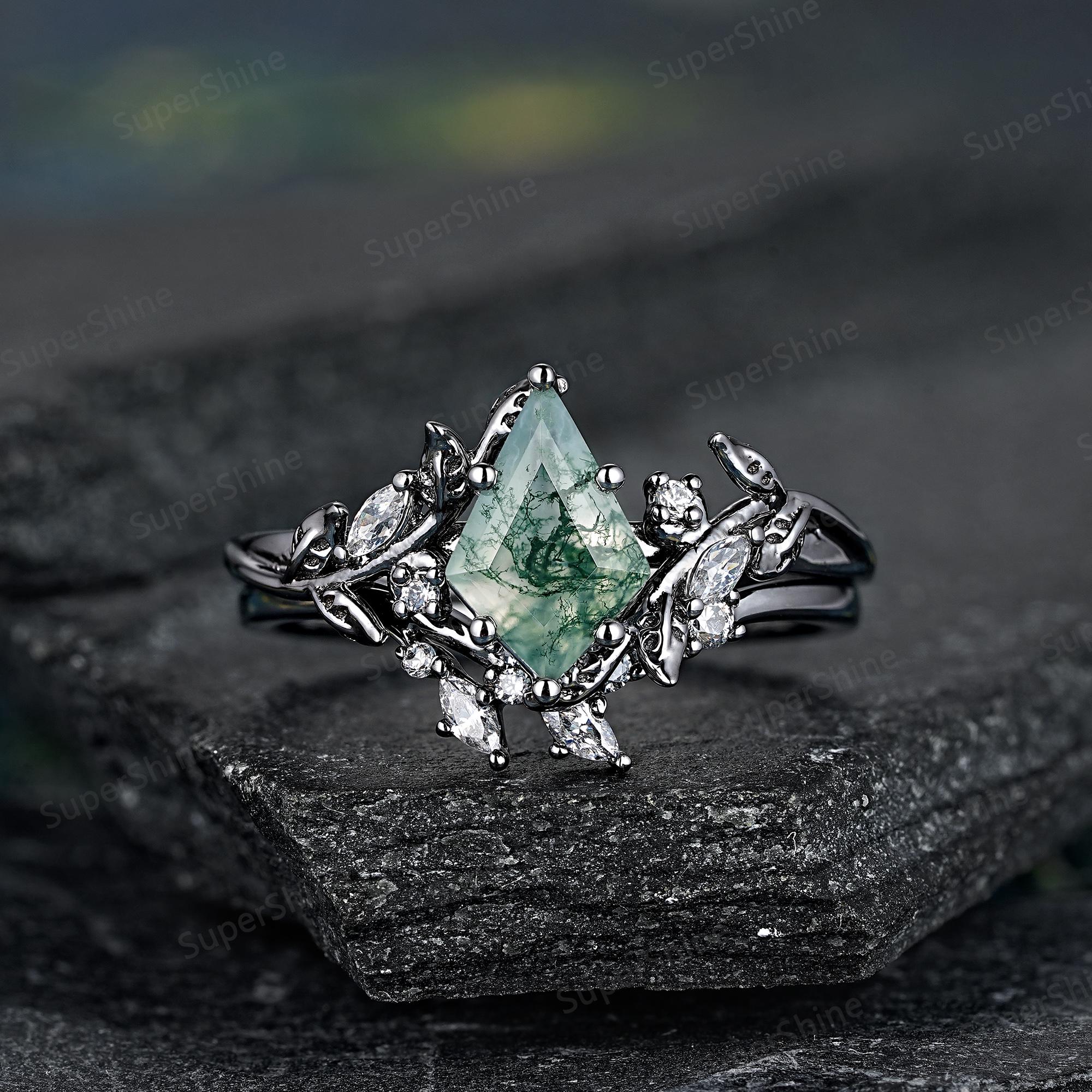 Black Gold Moss Agate Engagement Ring Gothic Leaf Flower Nature
