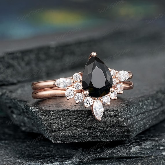 Pear Shape Black Onyx Engagement Ring Set, 14k Gold Moissanite
