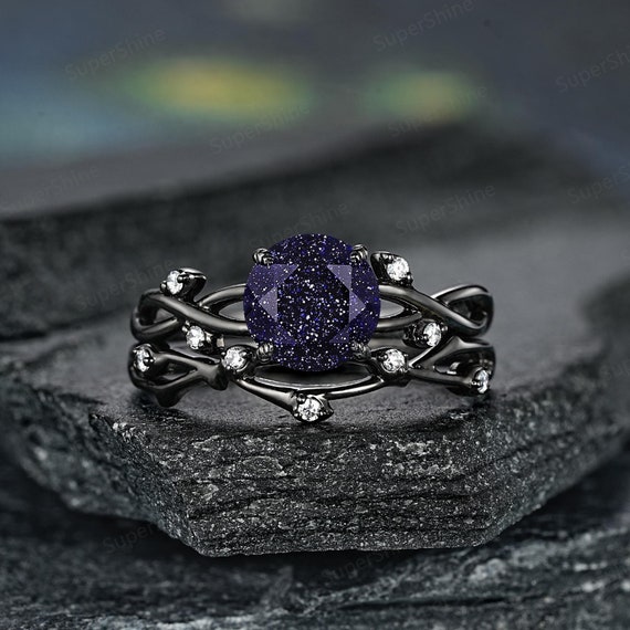Galaxy Blue Sandstone Wedding Ring Set Black Gold Twig Branch