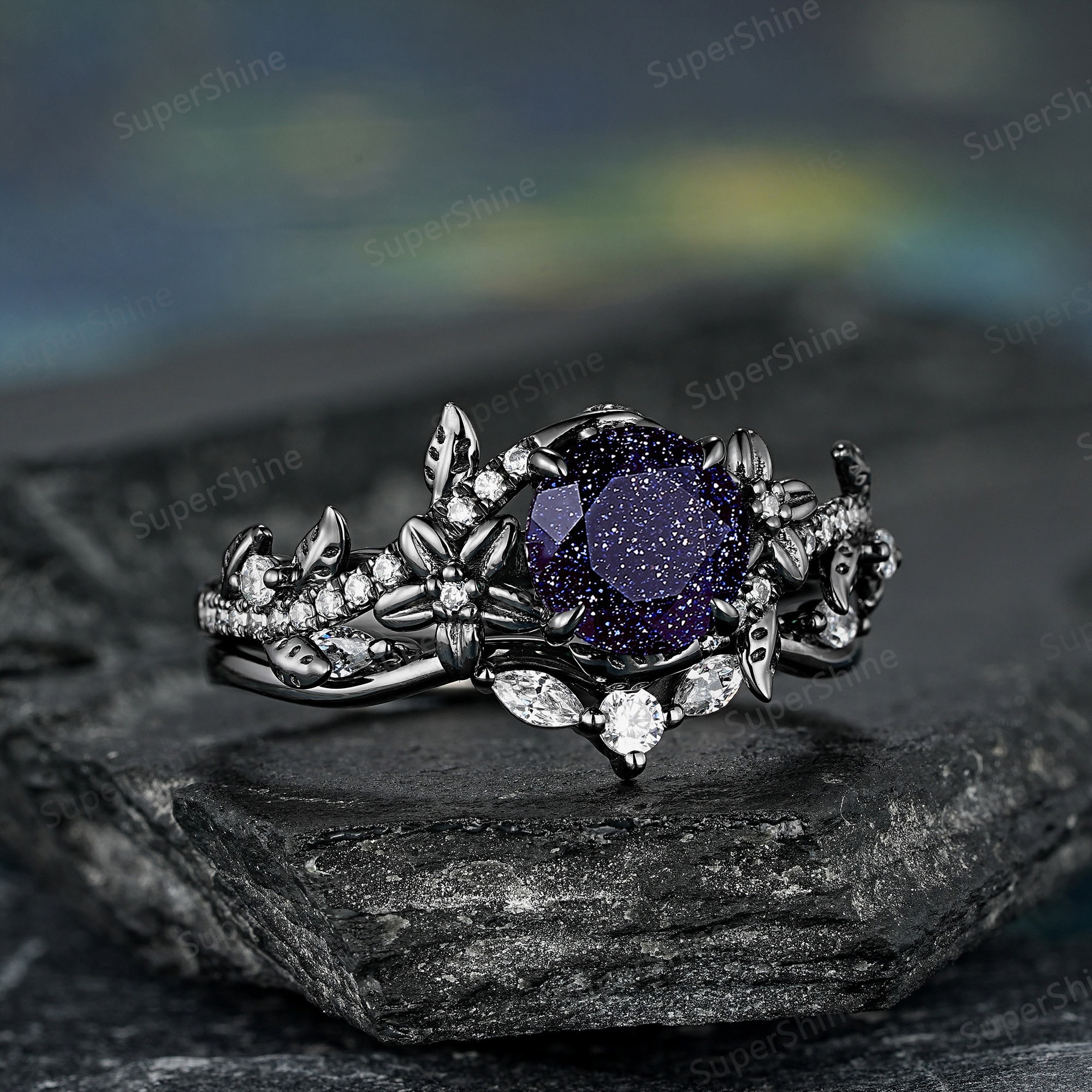 Art Deco Leaf Floral Galaxy Blue Sandstone Wedding Ring Set Black