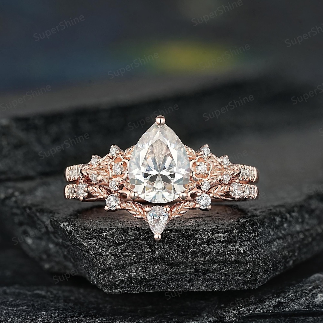 Pear Shape Moissanite Leaf Floral Engagement Ring Set Vintage 14k