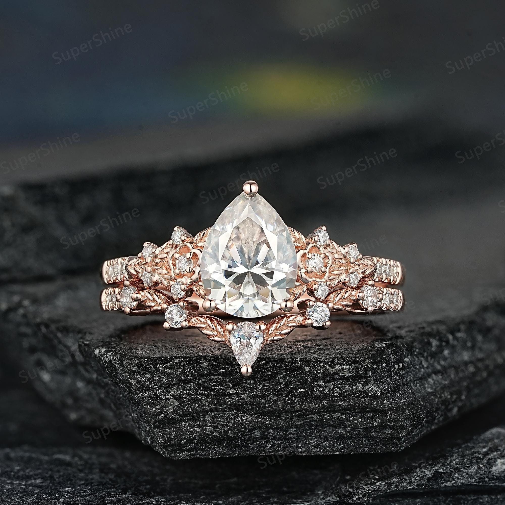 Pear Shape Moissanite Leaf Floral Engagement Ring Set Vintage 14k