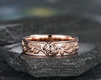 Romantic Rose Couple Ring Set Nature Inspired Leaf Floral Matching
