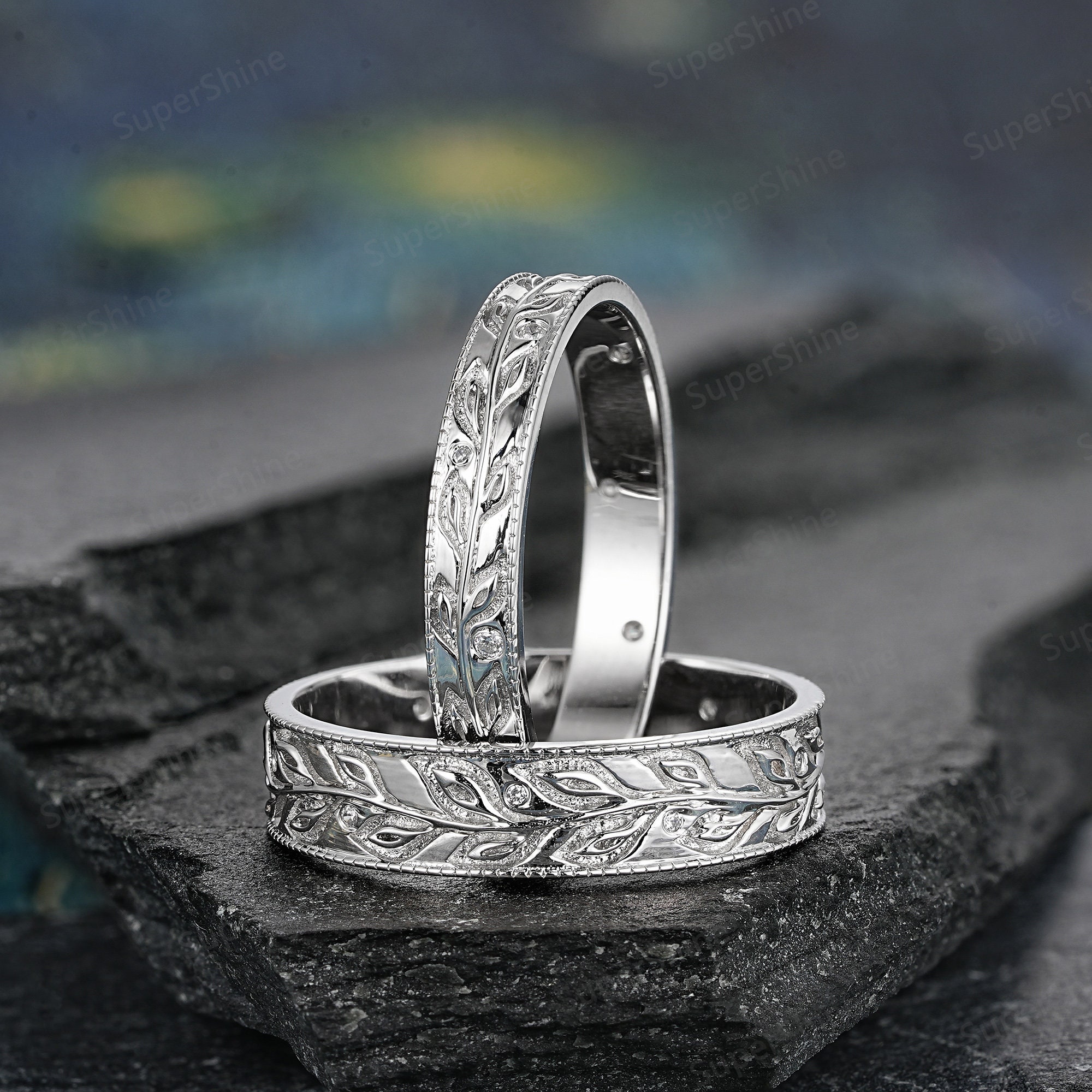 2pcs White Gold Leaf Couple Rings Set, Vintage Full Eternity Mens Ring ...